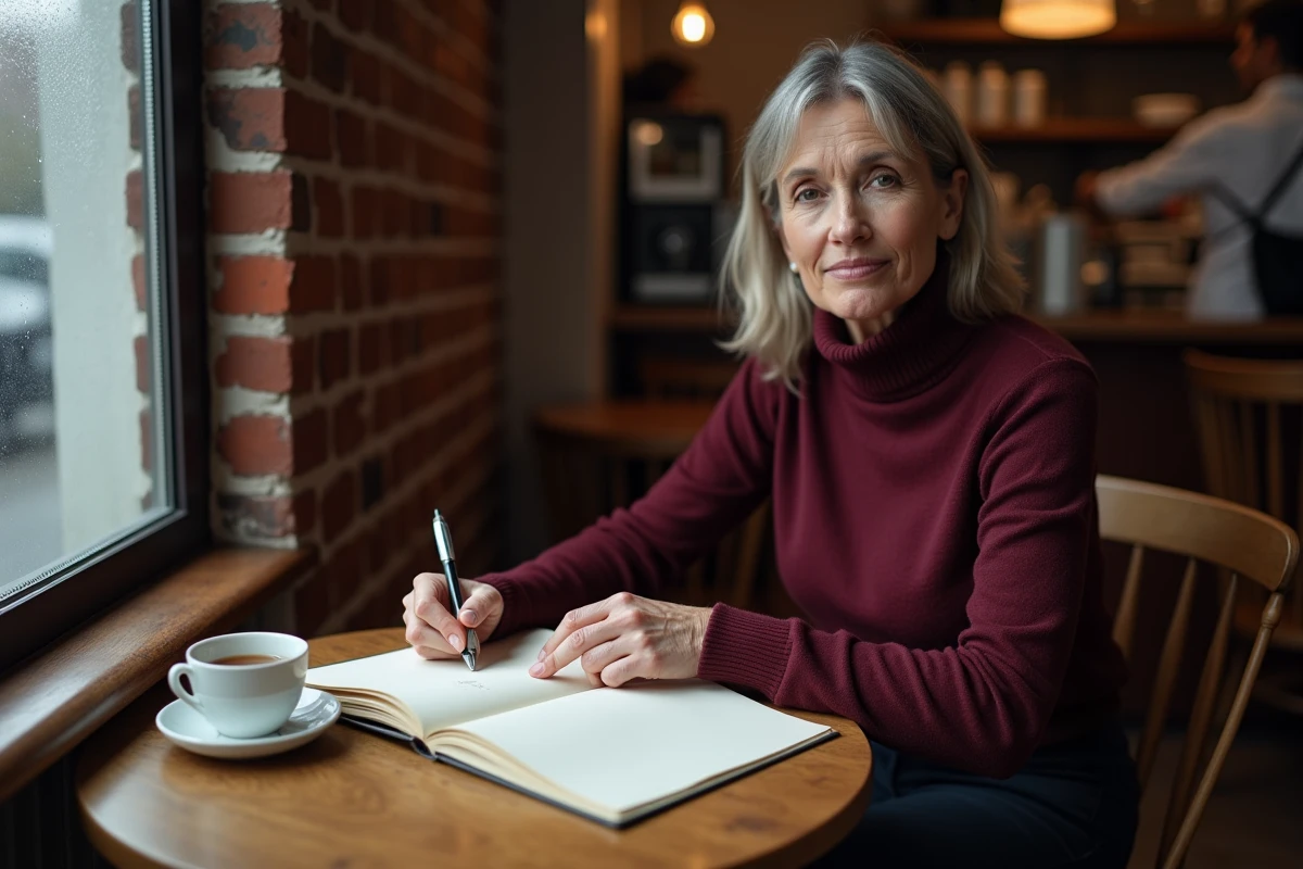 Femme écrivant dans un journal intime au café comme thérapie contre l'anxiété