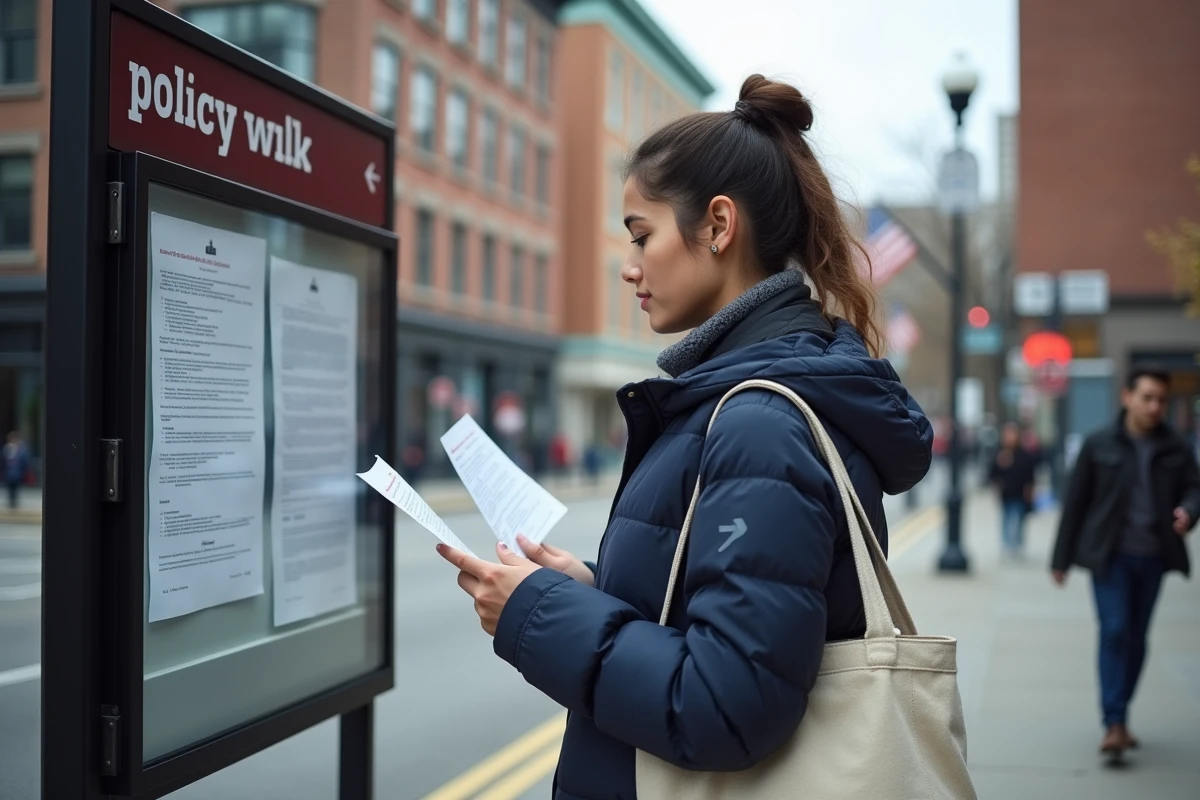Jeune femme lisant des informations sur les programmes de réduction des inégalités affichés dans un kiosque urbain