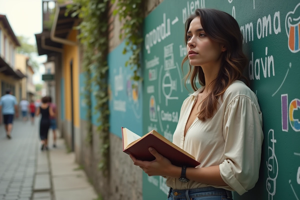 Jeune femme tenant un livre devant une fresque murale éducative peinte à la main dans un quartier urbain, symbolisant la conscience critique et l'alphabétisation selon Freire
