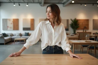 Femme examinant une table en chêne dans un magasin de meubles moderne pour trouver le meilleur moment d'achat