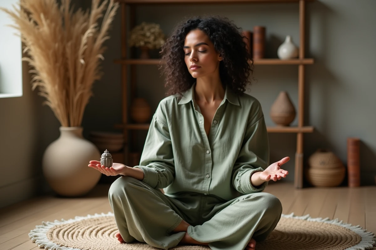 Femme tenant un amulette scarabée dans ses mains lors d'une méditation introspective, chemin d'âme et symbolisme spirituel