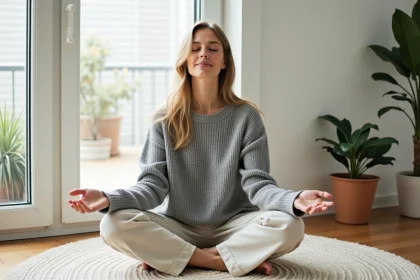 Femme sereine pratiquant la méditation chez elle pour surmonter l'anxiété