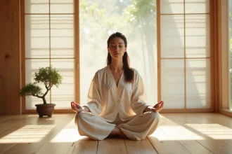 Femme en méditation profonde dans une pièce minimaliste illustrant les niveaux de conscience