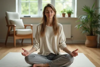 Femme pratiquant la méditation assise sur un plancher en bois dans un salon minimaliste pour réduire le stress