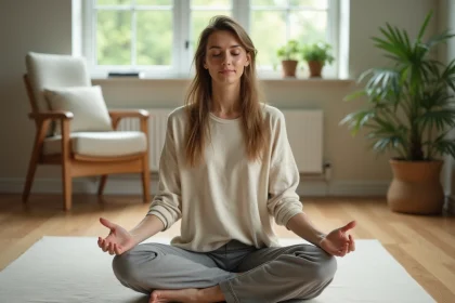 Femme pratiquant la méditation assise sur un plancher en bois dans un salon minimaliste pour réduire le stress