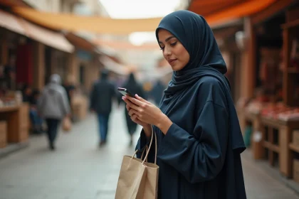 Femme musulmane portant un abaya marine et un hijab dans un marché urbain animé, illustrant la question de la mobilité féminine en islam