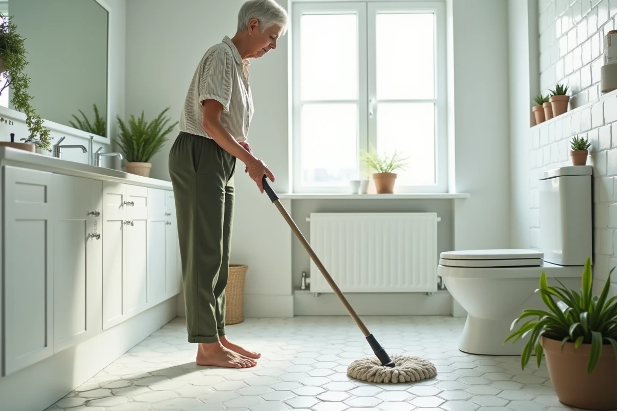 Femme âgée nettoyant le carrelage de sa salle de bain avec un balai spray à long manche