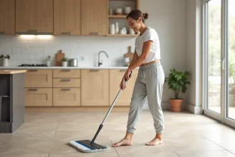 Femme nettoyant le sol de sa cuisine avec un balai plat microfibre sans effort