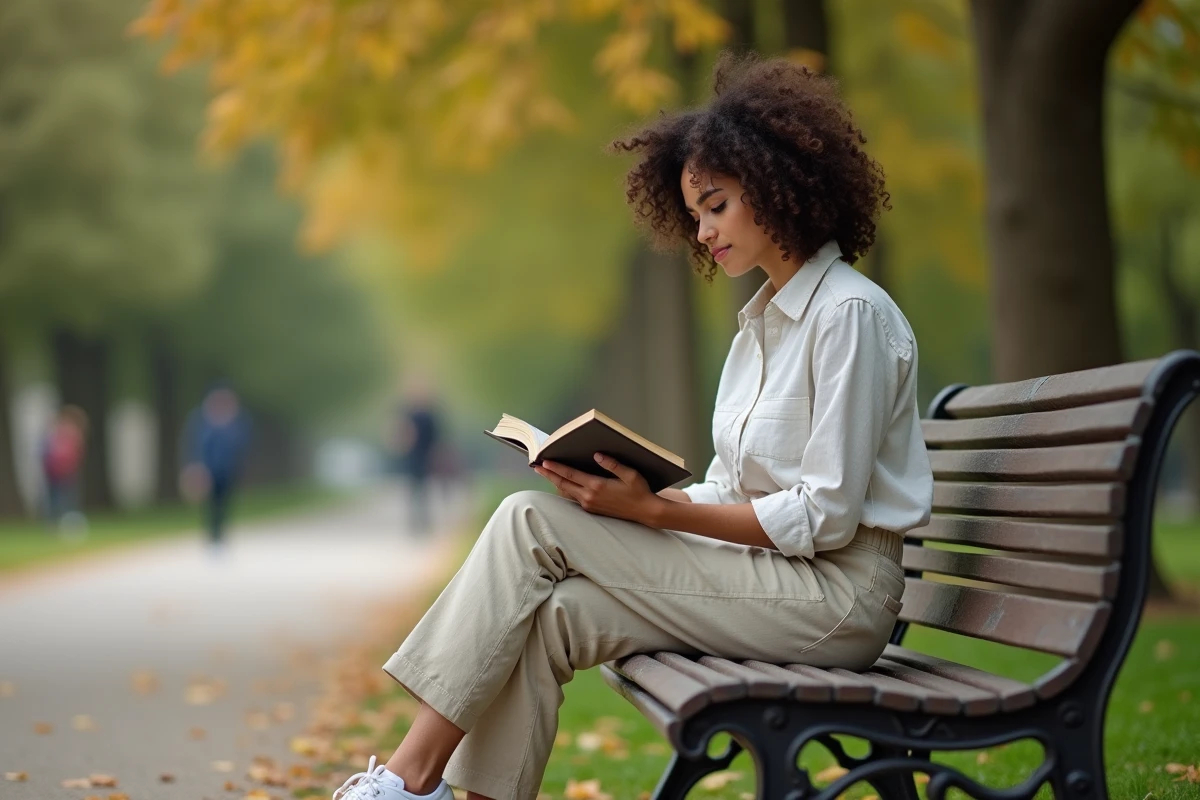 Femme pensive lisant un livre sur un banc de parc, évoquant la réflexion personnelle sur l'identité et l'orientation sexuelle