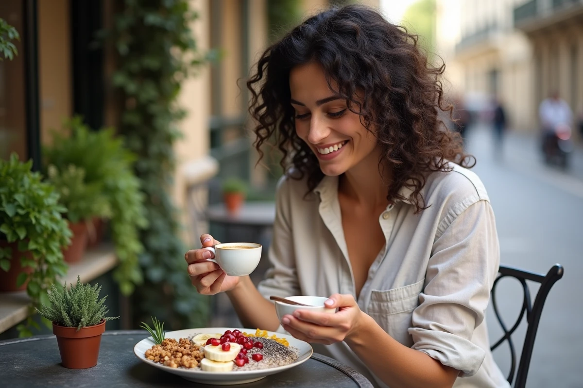 Femme mangeant un bol de flocons d'avoine aux fruits et graines en terrasse de café parisien le matin