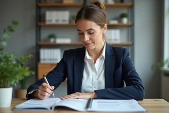 Femme professionnelle analysant son plan d'investissement personnel dans un bureau à domicile moderne