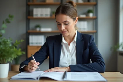 Femme professionnelle analysant son plan d'investissement personnel dans un bureau à domicile moderne