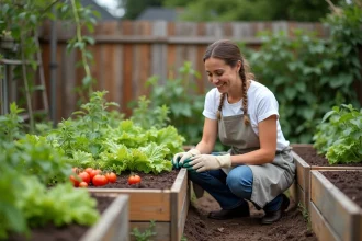 Femme jardinant dans un potager surélevé en bois avec tomates et herbes aromatiques dans un jardin suburban