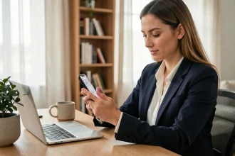 Femme professionnelle consultant l'actualité économique sur son smartphone dans un bureau moderne et minimaliste