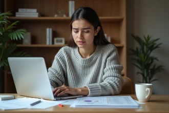 Jeune femme consultant son rapport de crédit à son bureau pour gérer ses prêts étudiants
