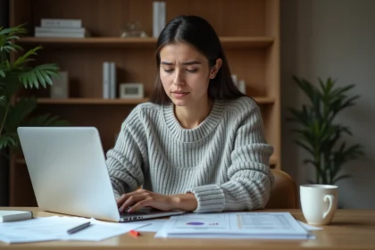Jeune femme consultant son rapport de crédit à son bureau pour gérer ses prêts étudiants