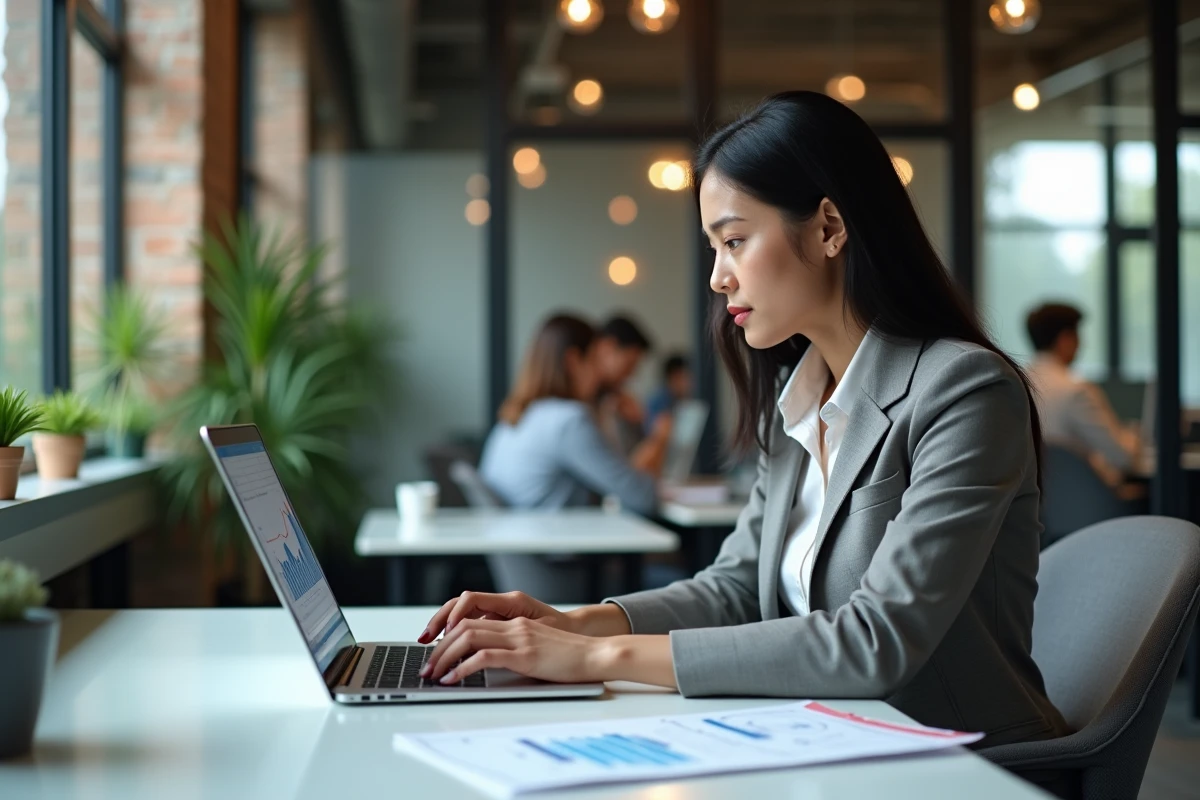 Femme en recherche d'emploi dans un espace de travail moderne, symbolisant les défis du marché du travail à l'ère numérique