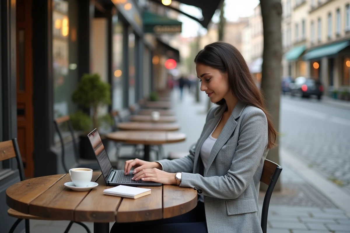 Femme consultant des données comparatives de quartiers sur un ordinateur portable dans un café de rue européen