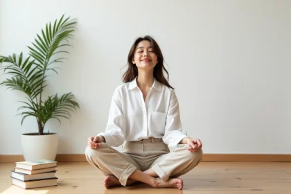 Femme sereine assise dans un salon minimaliste épuré avec des murs blancs et un parquet en bois naturel, illustrant le bonheur lié au minimalisme
