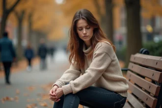 Femme seule sur un banc de parc en automne, bras croisés sur elle-même, exprimant un manque d'affection et de connexion émotionnelle