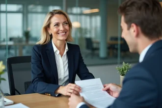 Femme professionnelle signant un contrat de prêt garanti avec un conseiller bancaire dans un bureau moderne