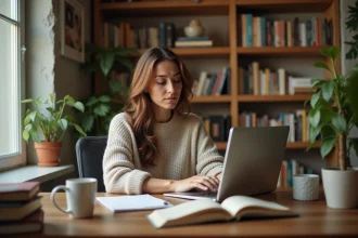 Femme en télétravail depuis son bureau à domicile avec un ordinateur portable et une tasse de café