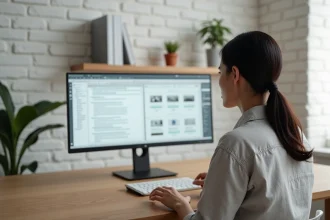Femme travaillant à domicile devant un grand moniteur ultrawide sur un bureau en chêne minimaliste