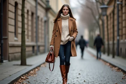 Femme élégamment habillée pour l'hiver avec un manteau camel, pull col roulé et bottes en cuir dans une rue pavée européenne