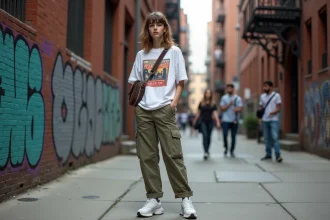 Jeune femme en tenue street style avec cargo pants et sneakers blanches dans une rue urbaine aux murs tagués