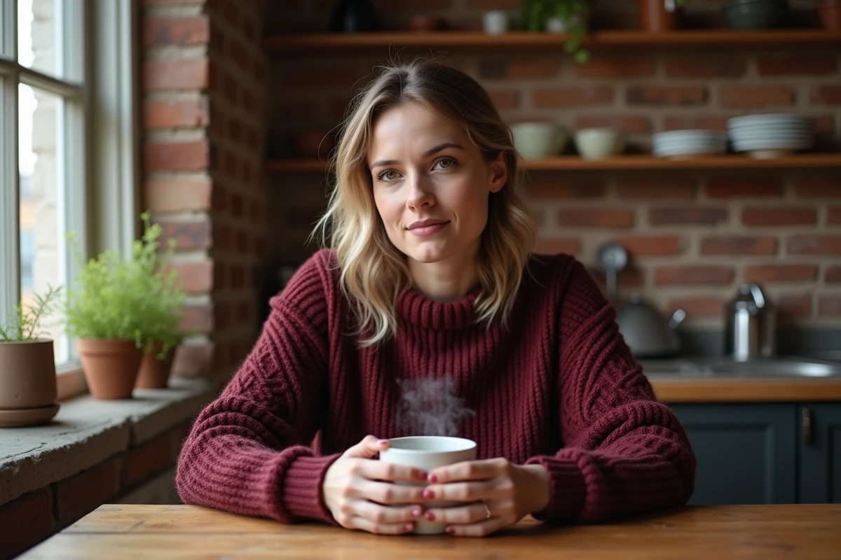 Femme se relaxant avec une tasse de tisane dans une cuisine chaleureuse comme méthode de réduction du stress