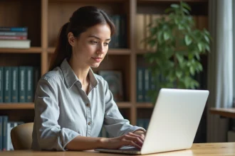 Femme utilisant un logiciel de traduction automatique sur son ordinateur portable dans un bureau à domicile