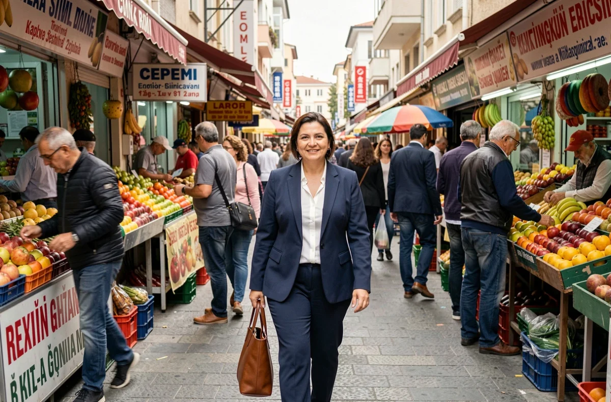 Femme turque laïque sans voile marchant dans un marché animé d'Izmir, représentant la diversité des modes de vie féminins en Turquie
