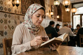 Femme turque voilée lisant un livre dans un café traditionnel d'Istanbul, illustrant la relation entre femmes turques et religion