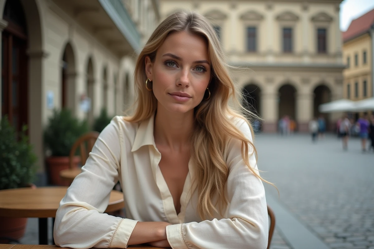 Femme ukrainienne élégante assise dans un café de la vieille ville de Lviv