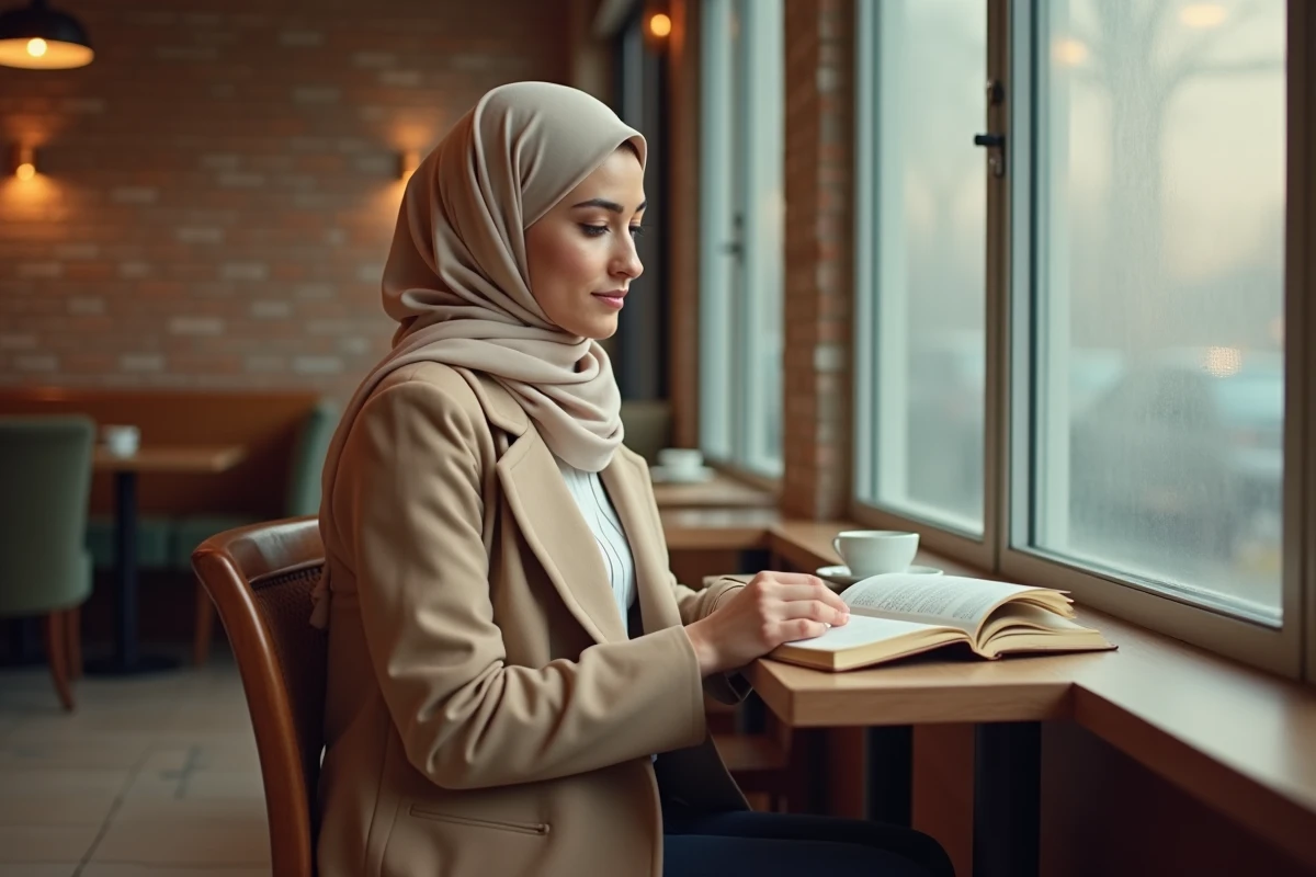 Femme voilée assise seule dans un café en train de lire, représentant la question de l'autonomie et des déplacements féminins en islam