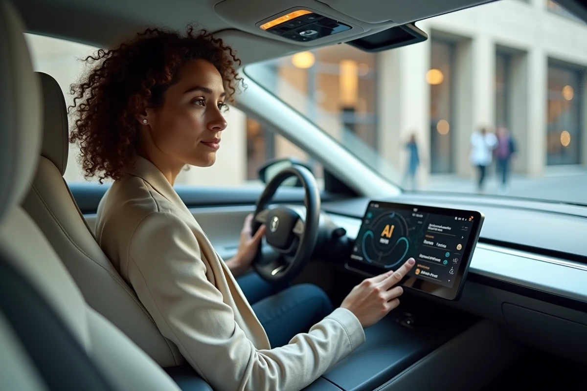 Femme interagissant avec le tableau de bord numérique d'une voiture autonome moderne