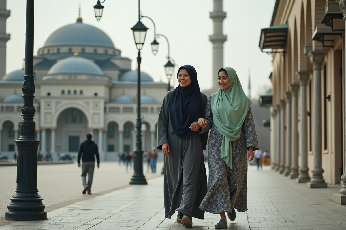 Deux femmes musulmanes marchant ensemble en ville près d'une mosquée, illustrant le débat islamique sur les déplacements féminins avec ou sans mahram