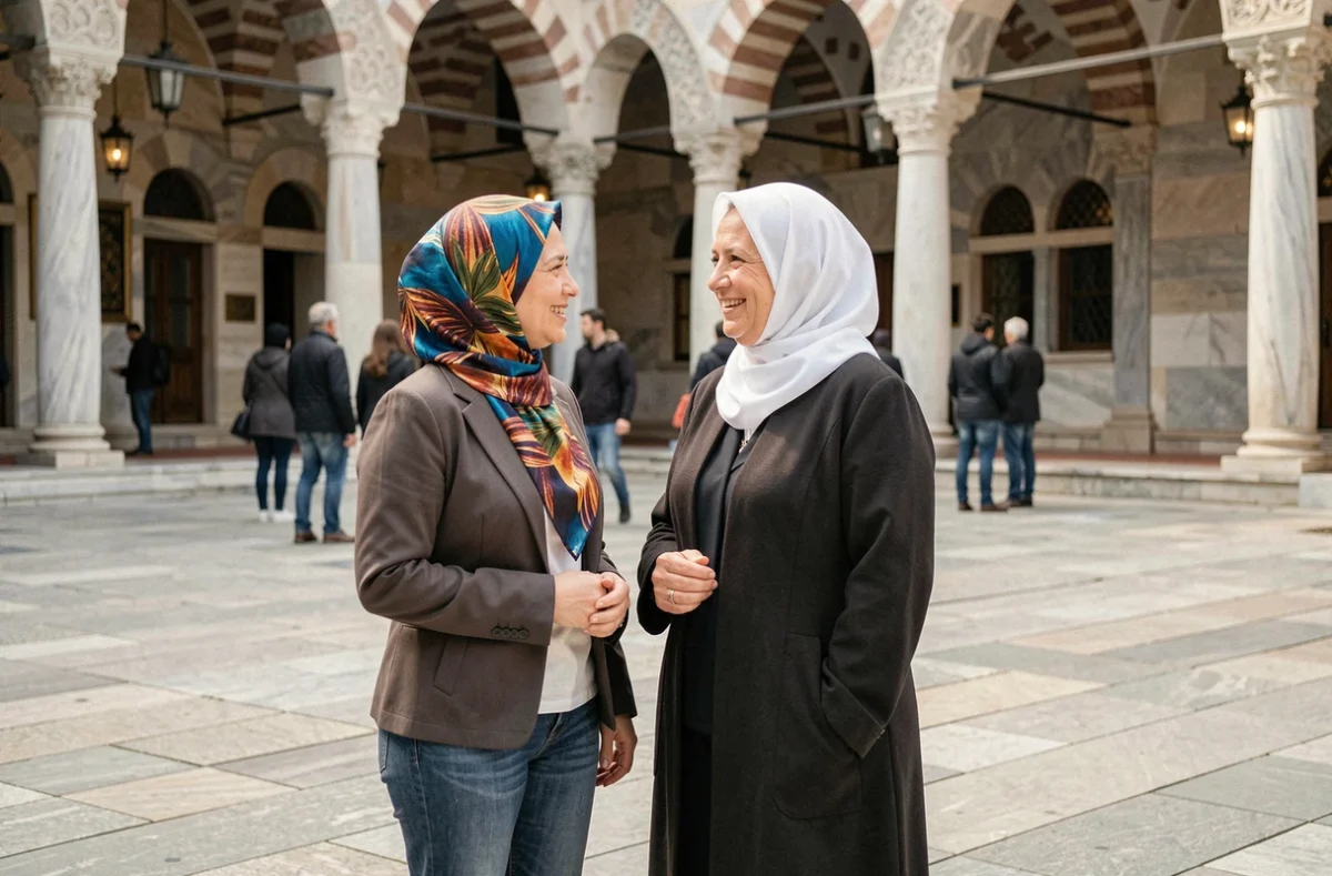 Deux femmes turques de générations différentes devant une mosquée à Ankara, symbolisant l'évolution du rapport à la religion en Turquie