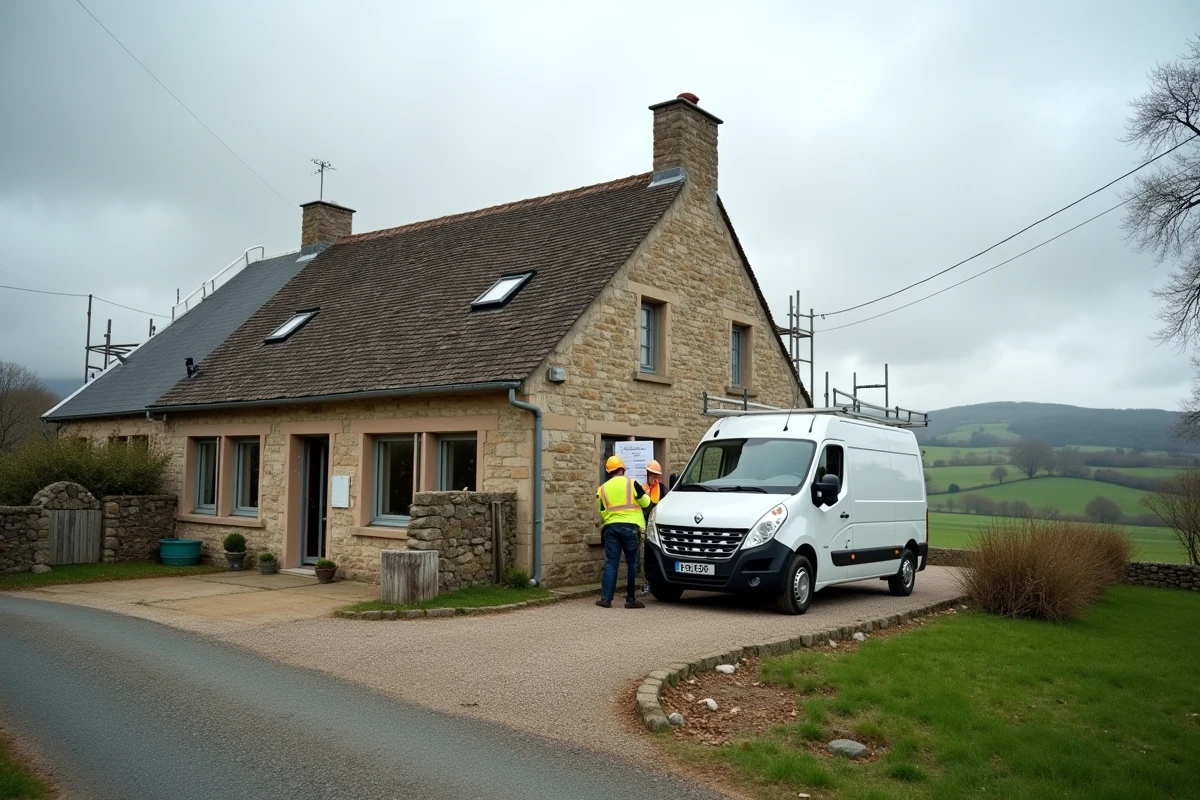 Ferme en cours de conversion en habitation avec des travailleurs consultant un plan de zonage pour changement de destination de parcelle