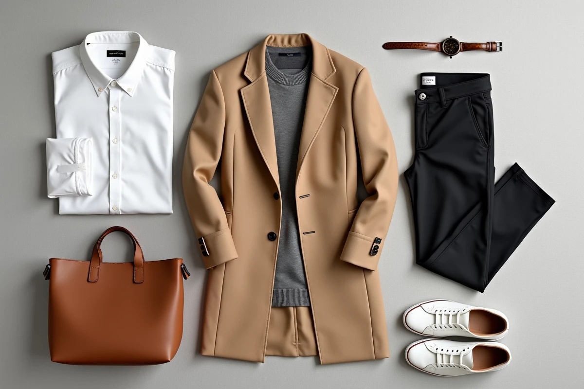 Disposition à plat d'une sélection capsule de vêtements neutres et accessoires essentiels