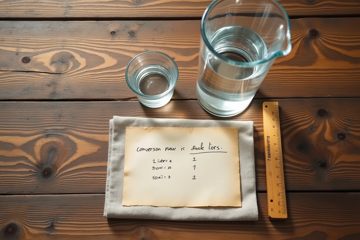 Vue du dessus d'un récipient de 50 ml, d'une carafe d'un litre et d'une note de conversion manuscrite sur une table en bois rustique