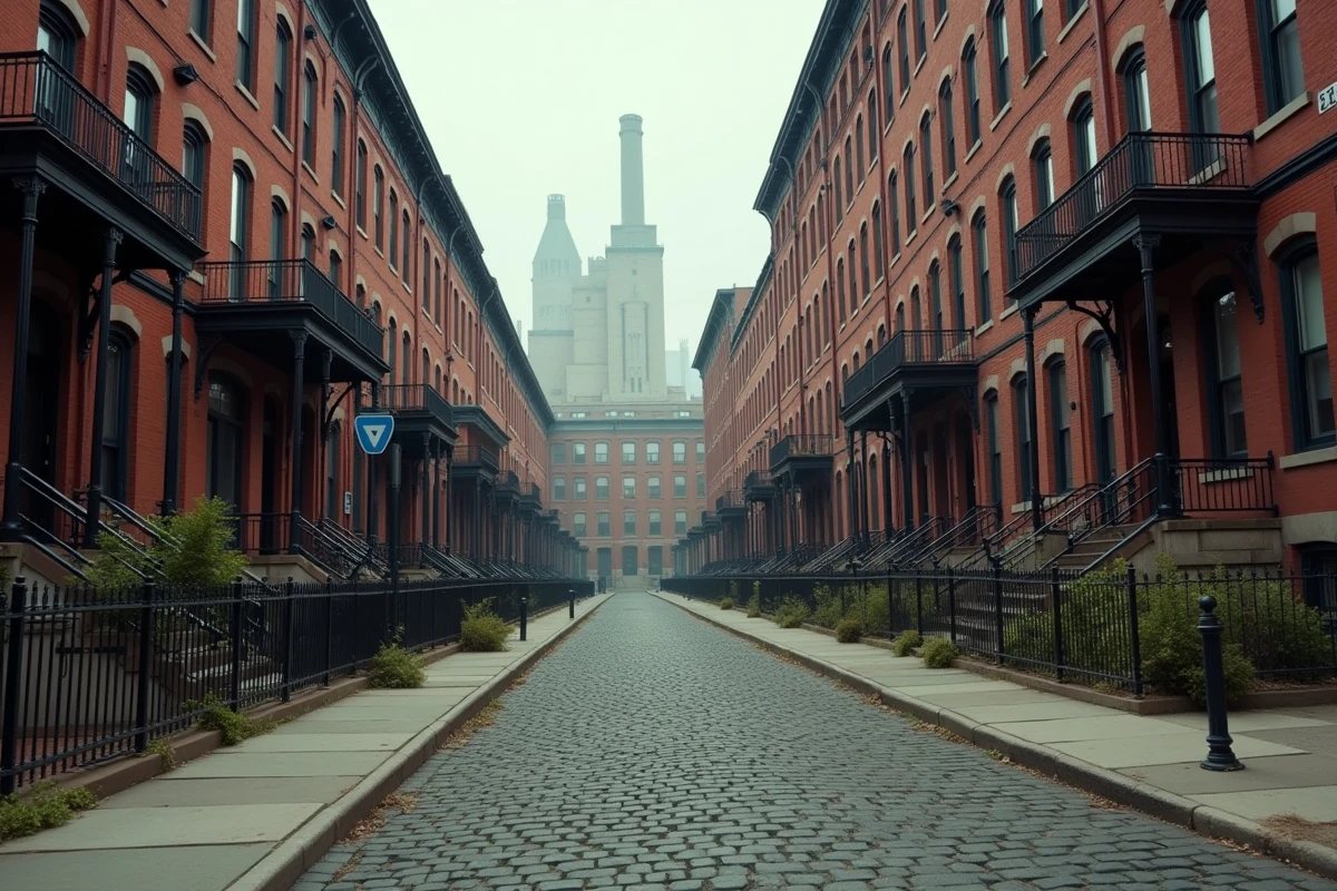 Frontière de zonage urbain entre quartier résidentiel et zone industrielle dans une ville américaine du début du XXe siècle, illustrant les origines historiques du zonage