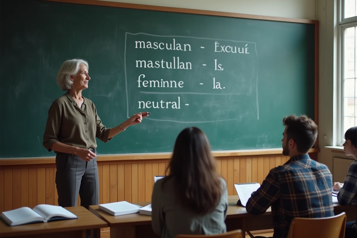 Professeure de linguistique expliquant les trois genres grammaticaux au tableau devant des étudiants en cours