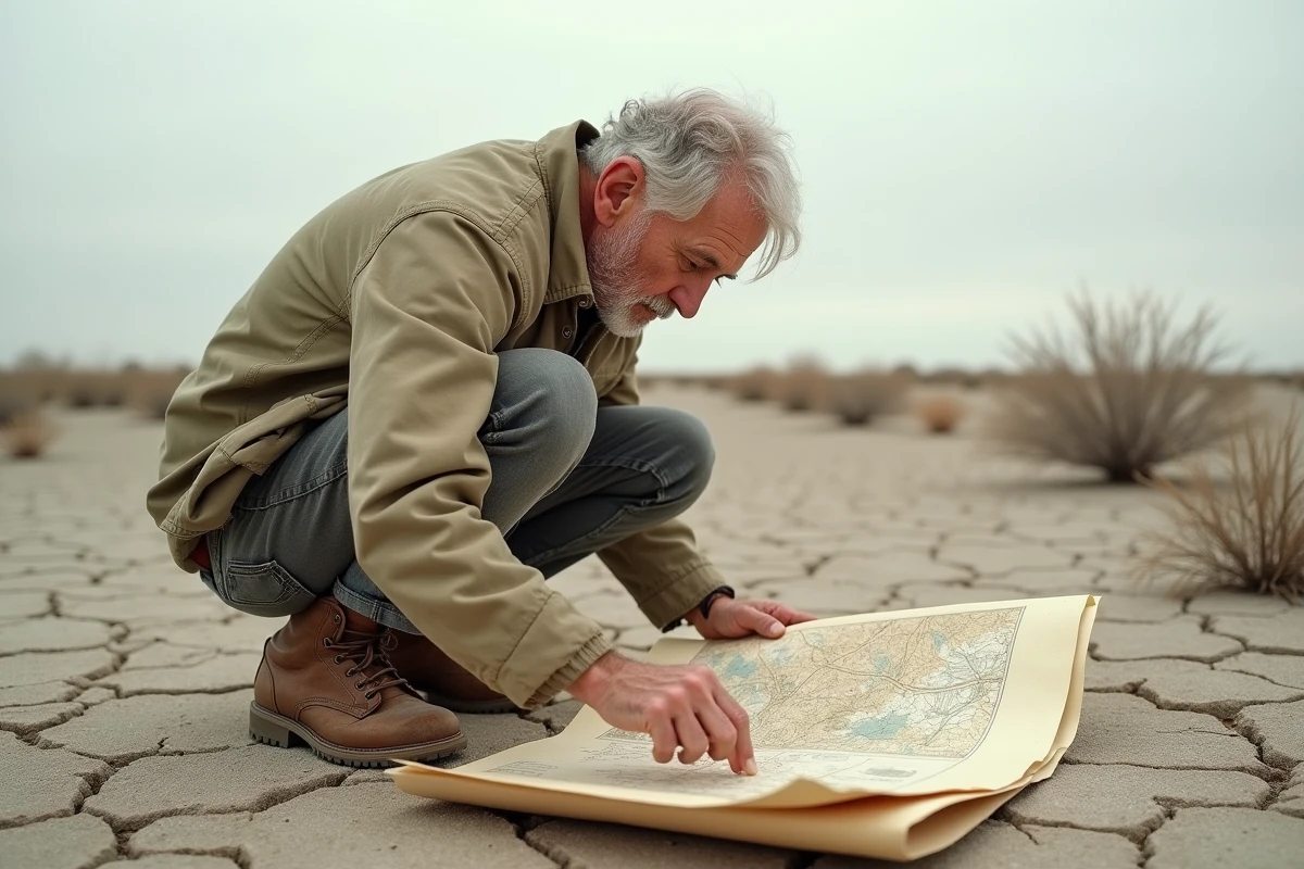 Géographe étudiant une carte topographique sur le sol asséché d'une ancienne mer disparue