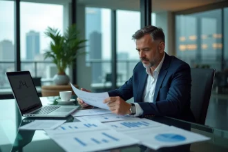 Un gestionnaire de fonds d'investissement analyse des documents financiers dans un bureau moderne avec vue sur la ville