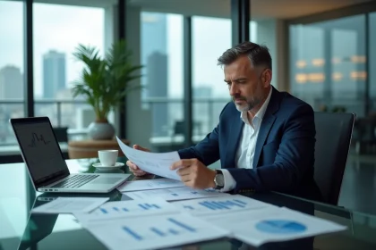 Un gestionnaire de fonds d'investissement analyse des documents financiers dans un bureau moderne avec vue sur la ville