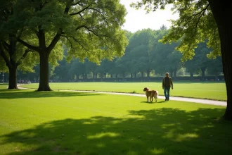 Grande pelouse verdoyante du plus grand parc du 93 avec promeneurs et arbres centenaires en Seine-Saint-Denis