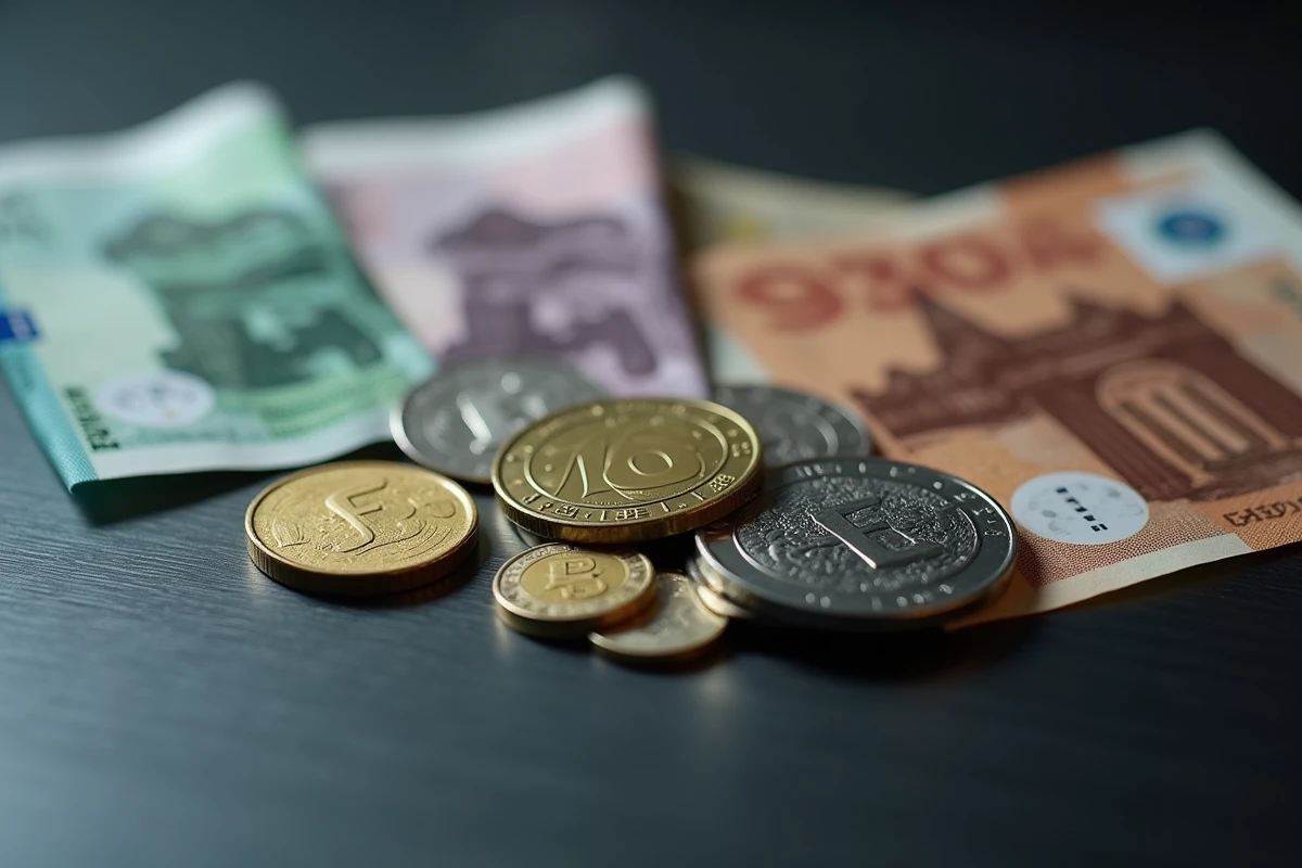 Gros plan de pièces et billets de monnaies internationales comparant la force des devises du monde