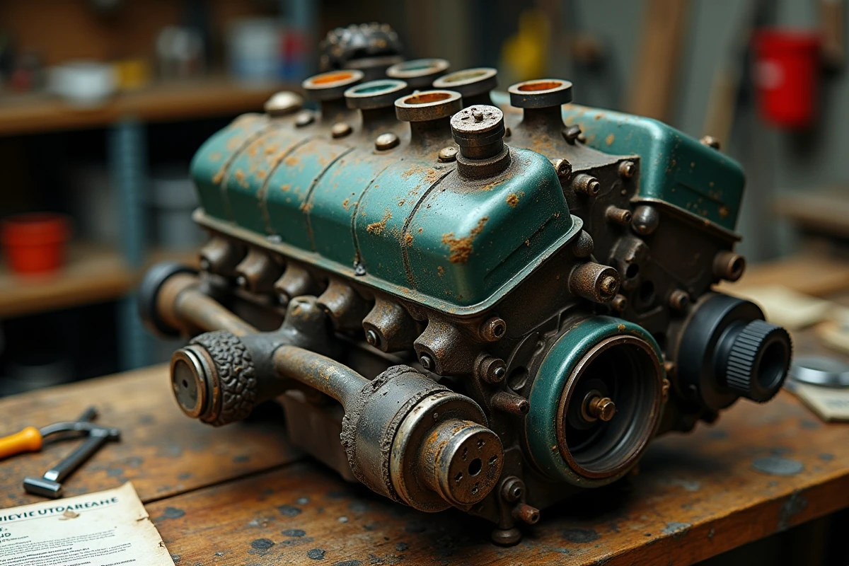 Gros plan d'un moteur usé et mal entretenu posé sur un établi d'atelier mécanique