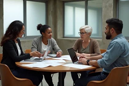 Groupe diversifié de personnes discutant de mesures pour réduire les inégalités sociales autour d'une table de réunion